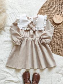 SHEIN Vintaside Kids 女婴可爱长袖公主裙，时尚自然风格，春秋季 - 卡其色 - 查看 6