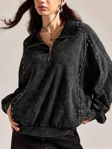 Easelle 宽松水洗铆钉拉链卫衣 黑色水洗秋冬百搭雪洗卫衣 铆钉复古休闲 - 黑色 - 查看 8
