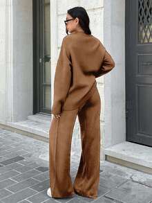 SHEIN Tall كنزة بكتف منخفض & بنطال محبوك للخريف & الشتاء، للنساء الطويلات - بني فاتح - مشاهدة 2