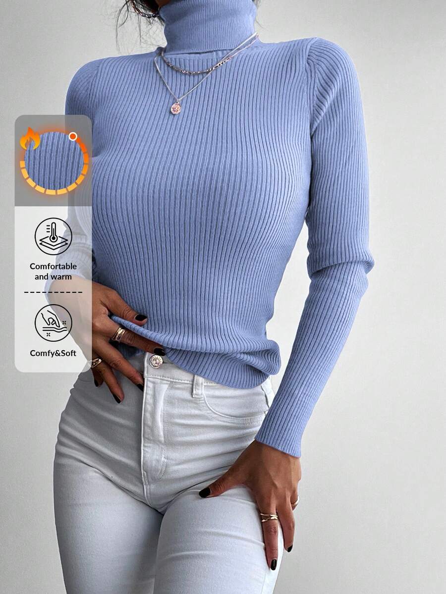 EURMUSE Damski sweter typu pullover, prosty, jednokolorowy, na co dzień, z wysokim kołnierzem i długim rękawem, dopasowany, jesień/zima