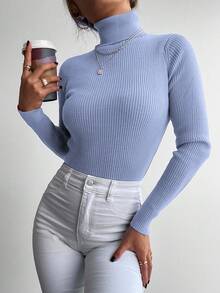 EURMUSE Damski sweter typu pullover, prosty, jednokolorowy, na co dzień, z wysokim kołnierzem i długim rękawem, dopasowany, jesień/zima