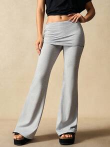 VARSIVA 翻边紧身裤 女士纯色侧抽绳设计喇叭运动裤 - 淺灰色 - 查看 2
