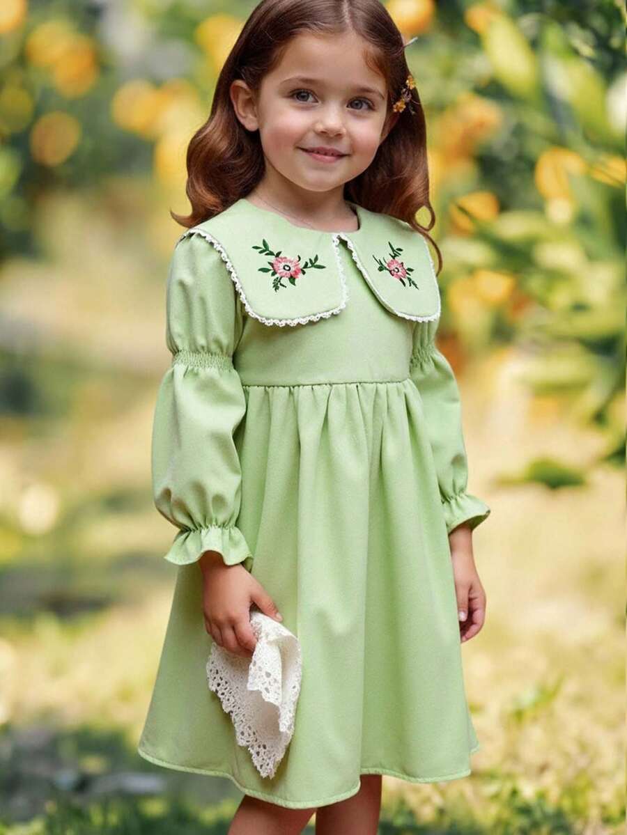 Blossori Young Girls' French Elegant Floral Embroidery Turndown Collar Long Sleeve Dress - Green - View 1