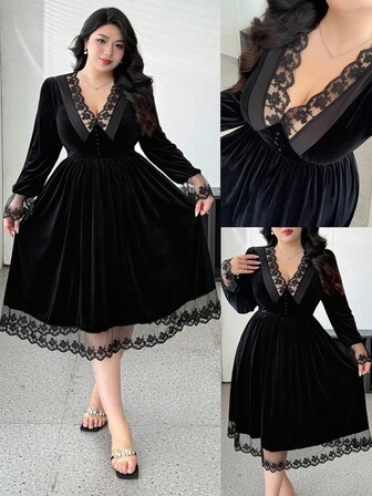 SHEIN CURVE+ Plus Size Elegant V-Neck Lace Patchwork Waist Cinched Long Sleeve Dress