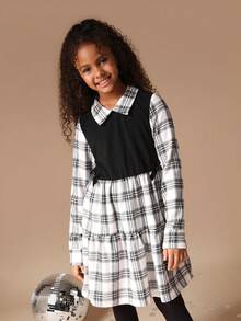 SUMWON 格子领长袖纽扣式格纹图案学院风衬衫，适合秋冬穿着 - 黑與白 - 查看 4