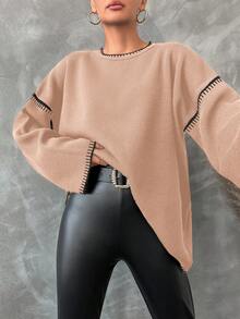 EURMUSE Suéter De Punto De Mujer Con Bloques De Color, Bordes Contrastantes Y Hombro Caído - Rosa Pálido - Ver 5