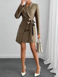 EURMUSE 女式棕色长袖束带西装外套和半身裙套装，前裹式 - 棕色 - 查看 1