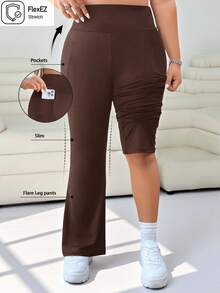 SHEIN EZwear 大码女式秋冬返校休闲家居服瑜伽舒适户外纯黑色针织松紧腰高腰口袋喇叭裤，带口袋的紧身裤 - 棕色 - 查看 1