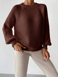EURMUSE Suéter de punto con mangas raglán de unicolor casual, otoño - Marrón - Ver 4