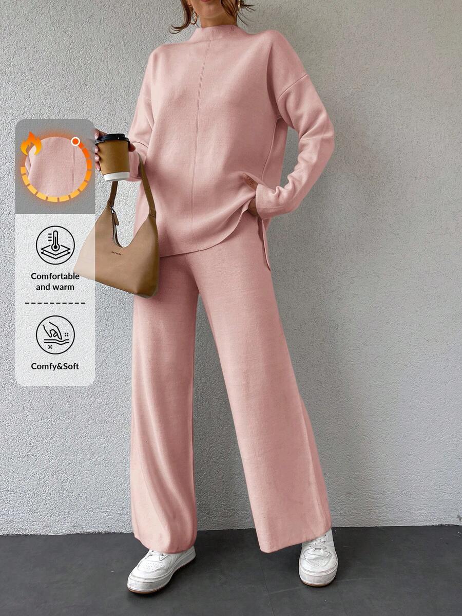 SHEIN Cottnline Solid Color Half-Turtleneck Drop Shoulder Sleeves Casual Sweater 2pcs/Set - Pink - View 1