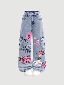 Girlism Tween Girl Y2k Fashion Lovely Cute Rainbow, Heart, Smiling Face Graffiti Pattern Blue Denim Loose Jeans Fall Winter,Casual And Versatile For Fall/Winter Dailywear And Streetwear,Halloween And Christmas,New Year,Thanksgiving,Baggy Street Jeans - Medium Wash - View 2