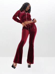 BABYPHAT Low Rise Velour Sweatpants With Flared Legs And Rhinestone Details For Fall Winter Red 2 Piece Set - Burgundy - View 1