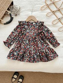 Babygirl Cute & Elegant Loose Ditsy Floral Ruffle Trim Long Sleeve Dress