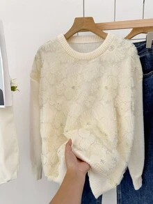 SHEIN Frenchy 秋冬新款珠饰拼布圆领毛衣 - 杏色 - 查看 4