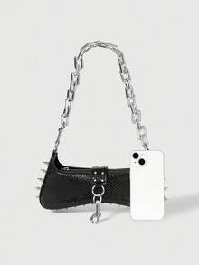 ROMWE Grunge Punk Women's Punk Edge Studded Shoulder Bag With Acrylic Chain Straps - Urban Streetwear Style Purse For Everyday Use