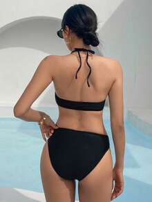 DAZY Circular Detail Halter Triangle Cup Bikini Set With Skirt And Cover-Up For Summer Beach,Tankini Bathing Suit Vacation - Black - View 4