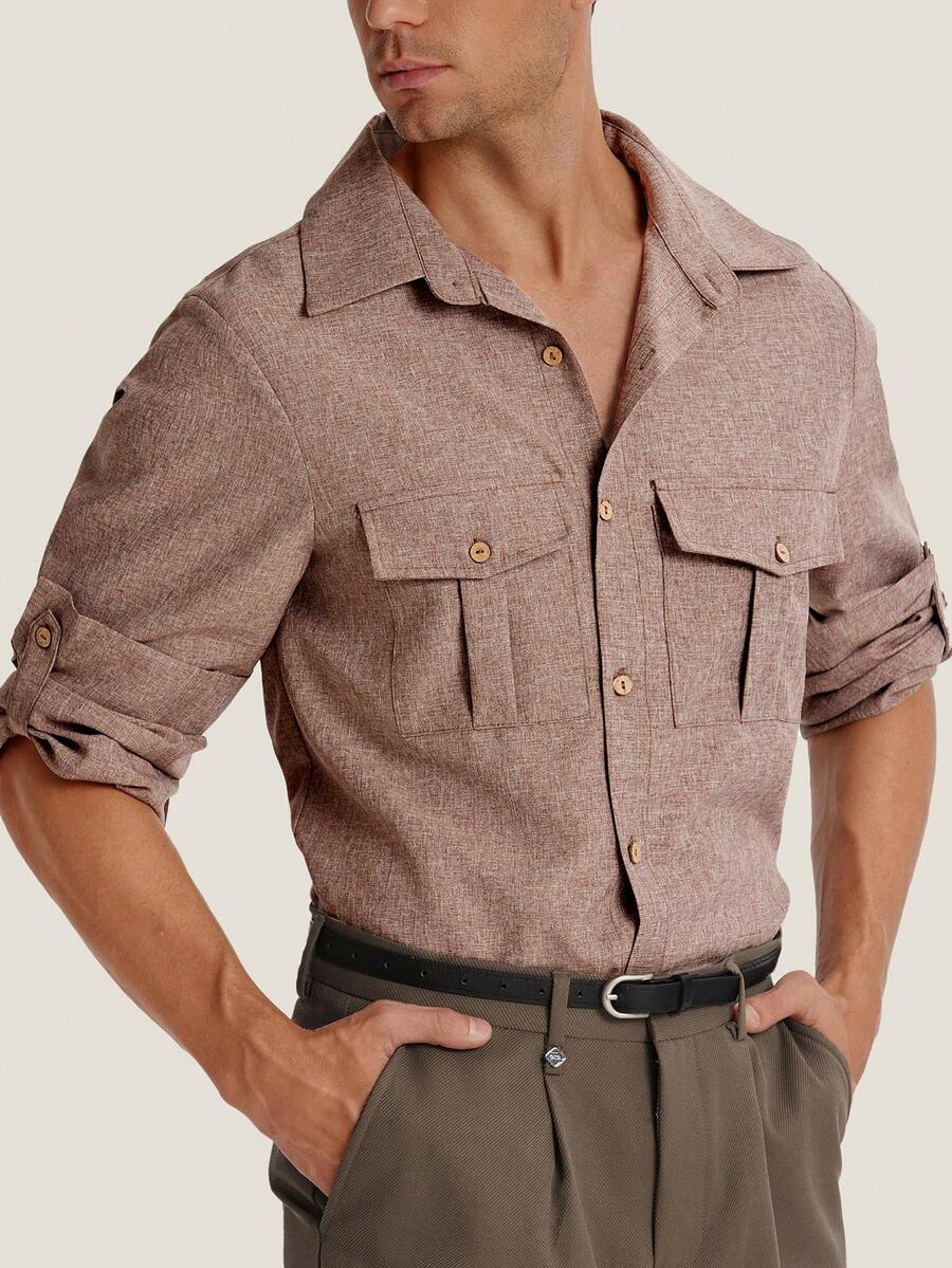 Manfinity Dauomo Men's Casual Solid Color Roll Tab Sleeve Shirt With Flap Pockets, Spring/Autumn - Brown - View 1