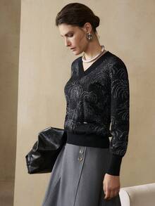 Arave Women's Viscose Loose Straight Version V-Neck Silver Thread Jacquard Beaded Diamond Buckle Fake Pocket Design Daily Commuting Long-Sleeved Pullover Sweate Fall Clothes For Women Winter Clothes Black Sweater Women's Winter Sweater, - Black - View 4