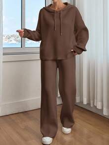 EURMUSE Bộ áo chui đầu trùm đầu trễ vai màu trơn cho nữ và quần len - màu nâu - Xem 5