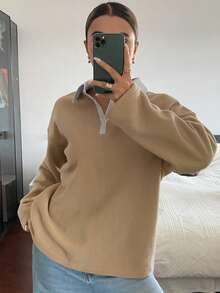 DAZY Sudadera casual de manga larga con cuello polo, de estilo patchwork a rayas con forro térmico para mujer, para otoño/invierno - Caqui - Ver 5