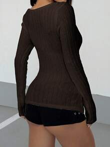 StreetHx Streetwear Women's Off-Shoulder Ribbed Fitted Long Sleeve Sweater, Autumn/Winter - Coffee Brown - View 2