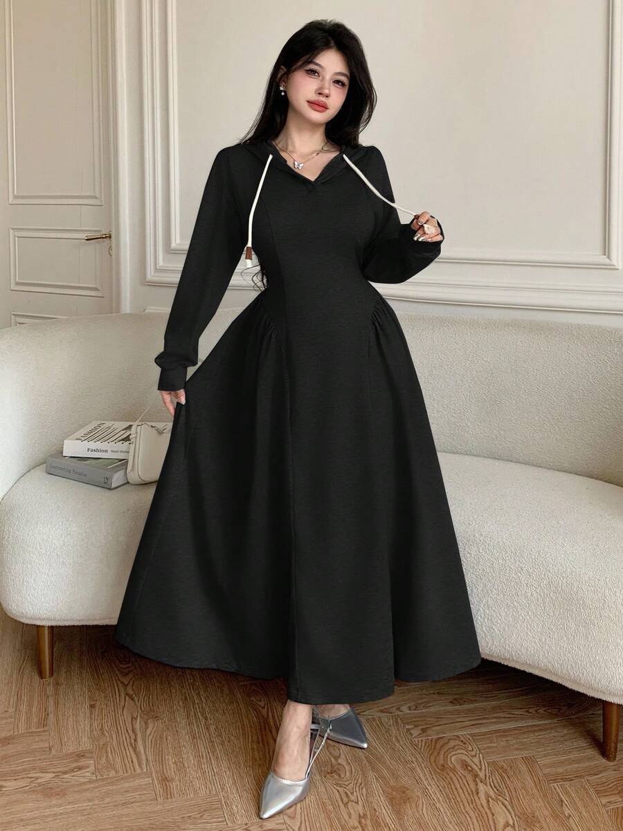Modelyn 女式休闲连帽抽绳腰部修身灰色运动衫,秋冬 - 黑色 - 查看 1