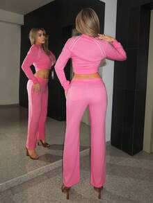 SHEIN ICON 2pcs Women Contrast Trim Printed Fold-Over Waist Hoodie And Sweatpants Set - Pink - View 2
