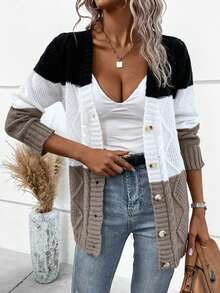EURMUSE Women's Contrast Color Long Sleeve Single-Breasted Casual Knit Cardigan,Cardigans,Petite,Tall - Mocha Brown - View 3