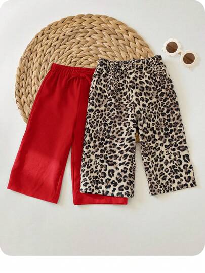 2pcs/Set Loose Casual Leopard Print Wide Leg Pants & Solid Red Wide Leg Pants, Loose Fit