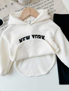 女婴可爱字母刺绣羊毛连帽不对称上衣和松紧腰黑色裤子套装，秋冬