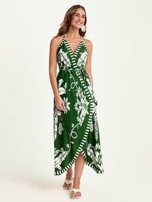 CAJUNI Robe à imprimé floral avec col ras-du-cou, dos nu et lien à la taille, idéale pour les vacances - Multicolore - Voir 5