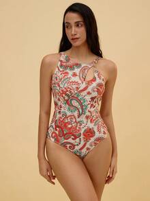 SHEIN Swim Paisley Print Asymmetrical Neckline One-Piece Swimsuit, Random Print Summer - Beige - View 9