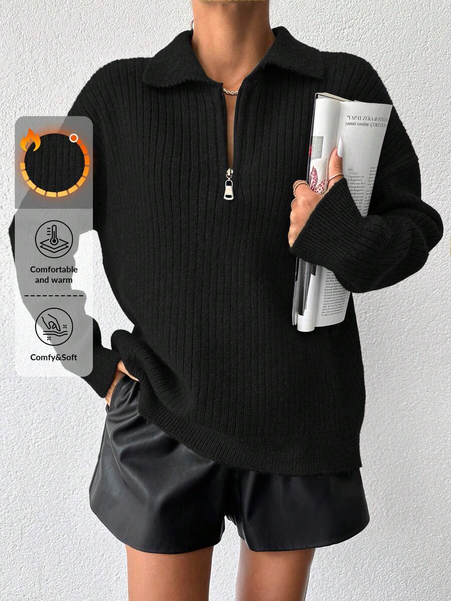 EURMUSE Women Half-Collar Zip-Up Loose Casual Long Sleeve Sweater, Solid Color, Autumn/Winter - Hitam - View 1