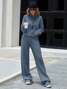 SHEIN Cottnline Ladies' Zipper Front Drop Shoulder Cardigan And Elbow Patch Sweater Pants Set - Blue - View 5