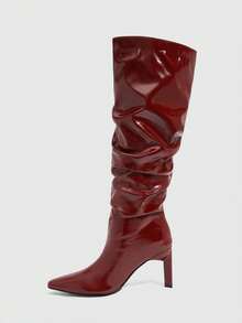 CUCCOO SZL Fashionable Sexy Pleated Pointed Toe Over-The-Knee Boots - Burgundy - View 4