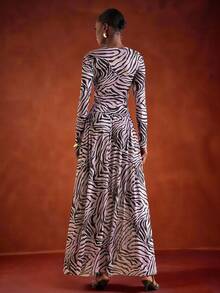 Zivah In Early Autumn And Winter 2025, New Styles For Birthday Parties, Graduation Season, Daily Outings, Basic, Versatile, Casual Vacation, Cruise Travel, Internet Celebrities, Popular, Casual, Elegant, Commuting, Casual, Street Parties, Sexy Deep V-Neck, Long Sleeves, Waist Cutouts, High Side Slits Reaching The Thighs, Pink, Black Zebra Print, Leopard Print, Net Print, Super Long Dress, A Swing Dress, Evening Dress, Women's Super Long Dress -A