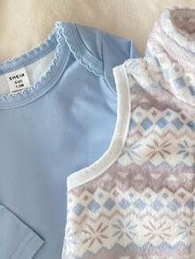 SHEIN 3 buc. Set salopetă elegantă minimalistă albastru-gri din cașmir artificial, cu guler nervurat și imprimeu geometric, vestă cu fermoar, casual, confortabilă, pentru nou-născuți - Dusty Blue - Vizualizare 3