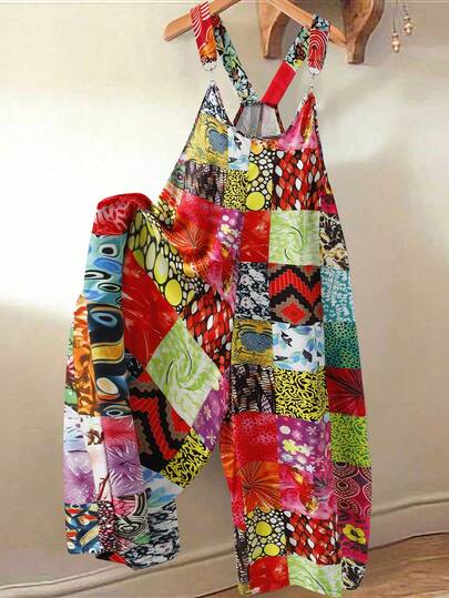 SHEIN Unity 大码女式休闲波西米亚花卉印花连体裤，适合度假