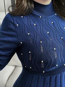 Modelyn Vestido de suéter de manga larga con pliegues de unicolor minimalista talla grande para otoño e invierno para mujeres