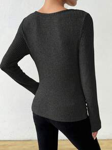 SHEIN Vintage Asymmetrical Draped Neck Textured Ruched Fitted Long Sleeve T-Shirt - Dark Grey - View 2
