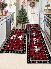 1pc Christmas Floor Mat Set, Buffalo Plaid Elk Tree Design Nonslip Rectangle Kitchen Rug Set, Perfect For Kitchen Home Bathroom Holiday Decoration Supplies, Christmas Decor Home Decor 2026 Happy New Year 2025 Gifts - Multicolor - View 1