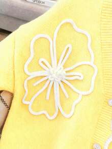 GlowEve CURVE 大码女款铁锈色花卉针织开衫，厚实，V领，色块，百搭，秋冬 - 淡黃色 - 查看 6