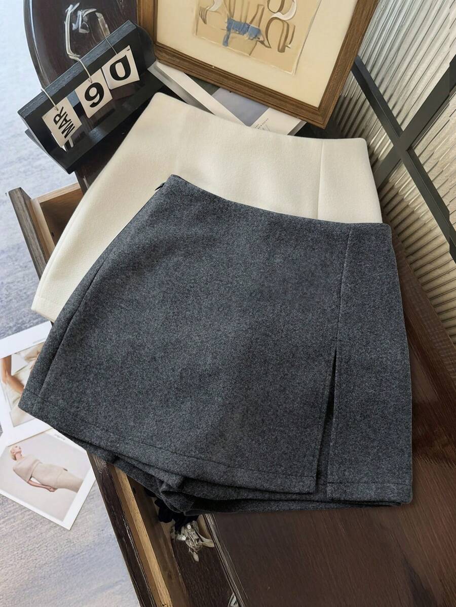 Franclia 双层开叉下摆羊毛混纺A字裙裤，厚实适中