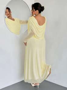 Firerie 大码女式优雅垂坠领长袖透明网眼紧身性感连衣裙/大码网眼连衣裙/情人节/音乐会/表演/约会/正式晚宴/庆典/婚礼季/性感/优雅/通勤/返校/度假/海滩/浪漫/办公室女神/美人鱼风格/生日派对 - 黃色 - 查看 1