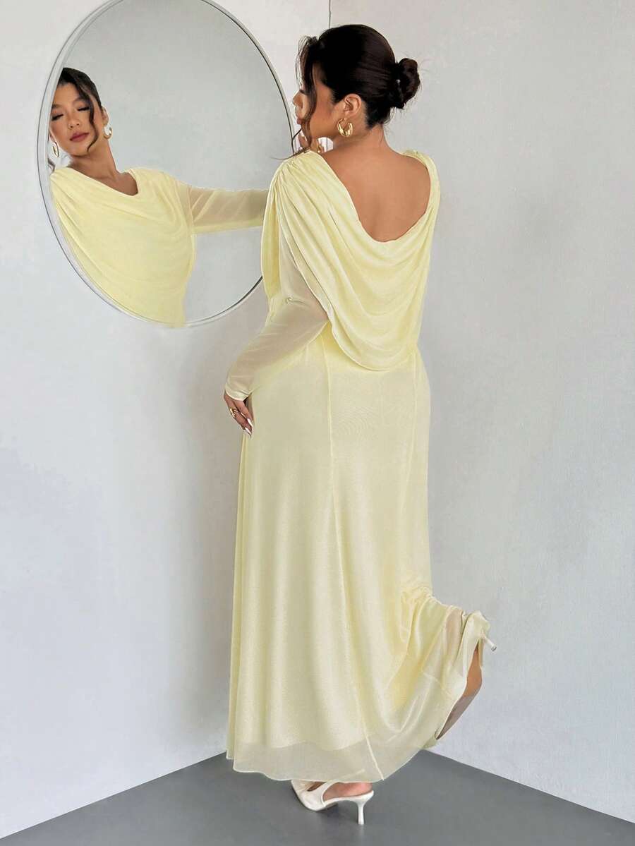 Firerie 大码女式优雅垂坠领长袖透明网眼紧身性感连衣裙/大码网眼连衣裙/情人节/音乐会/表演/约会/正式晚宴/庆典/婚礼季/性感/优雅/通勤/返校/度假/海滩/浪漫/办公室女神/美人鱼风格/生日派对 - 黃色 - 查看 1