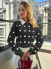 EURMUSE Women Hearth Embroidery Textured Knit Round Neck Pullover - Dark Grey - View 7