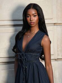 Váy quấn denim thường ngày không tay cổ chữ V sâu cho nữ - Màu xanh lam - Xem 5