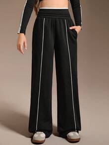 SHEIN 青少年女孩阔腿裤，秋冬百搭街头风格宽松运动裤，黑色撞色条纹休闲时尚阔腿裤 - 黑色 - 查看 4