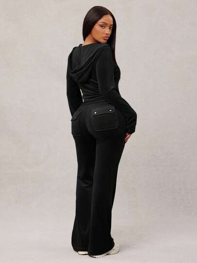 Radiana Women's Sexy Casual Gray-Blue Velvet Tracksuit, Zip-Up Hoodie + Wide Leg Pants 2-Piece Set, Comfortable & Soft For Casual, Sports, Home, Or Outings Black 2 Piece Set Two Piece Pant Set Tall Two Piece Set 2 Piece Lounge Sets Woman Curve Pants Set