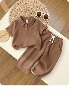 SHEIN 2pcs/Set Baby Boy/Girl Casual Turndown Collar Short Sleeve Half-Zip Pullover Top And Long Pants, All Season - Brown - View 2